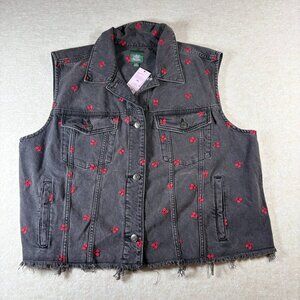 Wild Fable Cherry Embroidered Denim Vest Womens XXL Black Wash Frayed Hem NWT